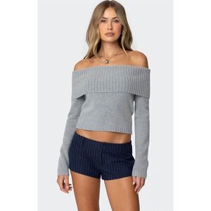 EDIKTED Tamara Grey Off Shoulder Ribbed Knit Cropped Sweater Long Sleeve
